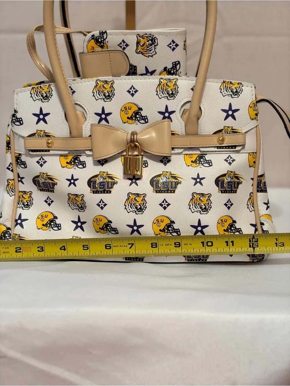 LSU Themed White & Tan Satchel Bag with Bow Accent & matching accessory pouch